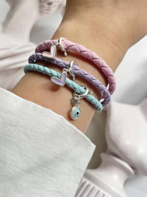 دستبند چرم و قلب نقره